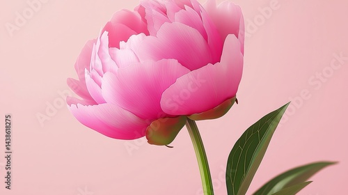 Soft Pink Peony Flower in Full Bloom with Green Leaves on a Light Pastel Pink Background