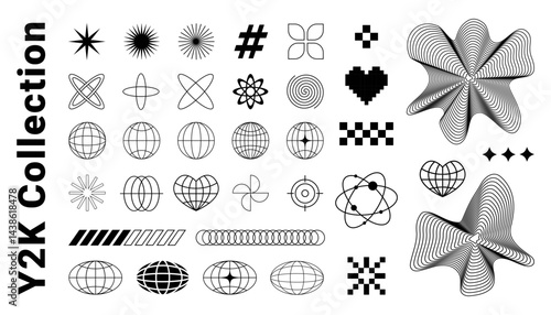 Y2K brutalist collection: geometric Bauhaus elements, retro-futuristic abstract shapes, and minimalist forms for unique graphic and web design