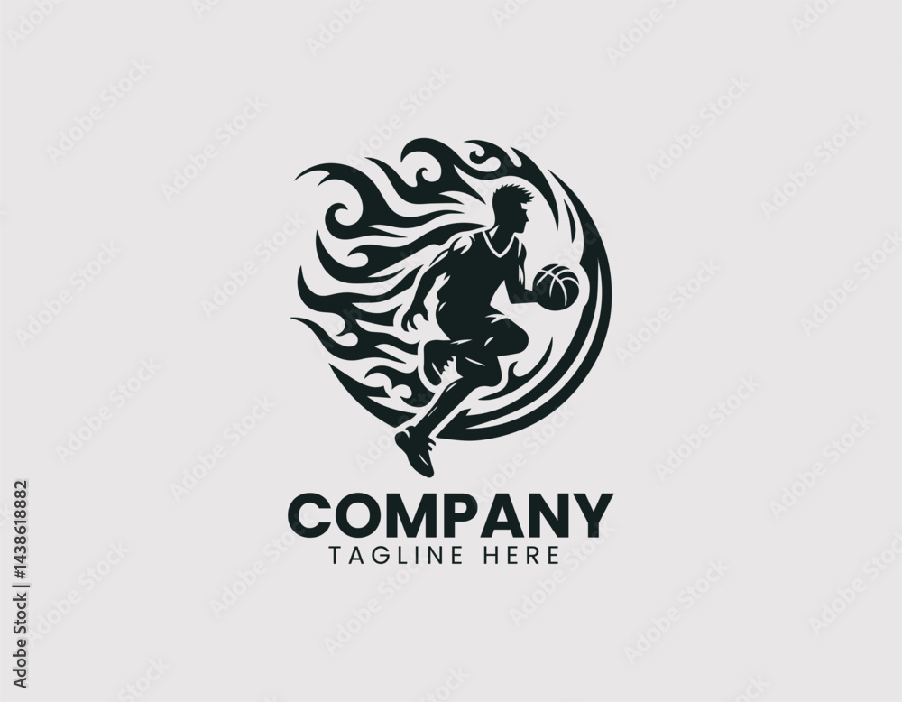 Dynamic Basketball Player Silhouette Dribbling Fire Trail Vector Logo Design, Energetic Basketball Player Fire Dribble Silhouette Logo Dynamic Basketball Player Silhouette Dribbling Fire Trail Vector Logo Design, Energetic Basketball Player Fire Dribble Silhouette Logo