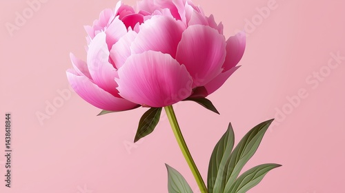 Beautiful Pink Peony Flower in Full Bloom with Green Leaves on a Soft Pink Background