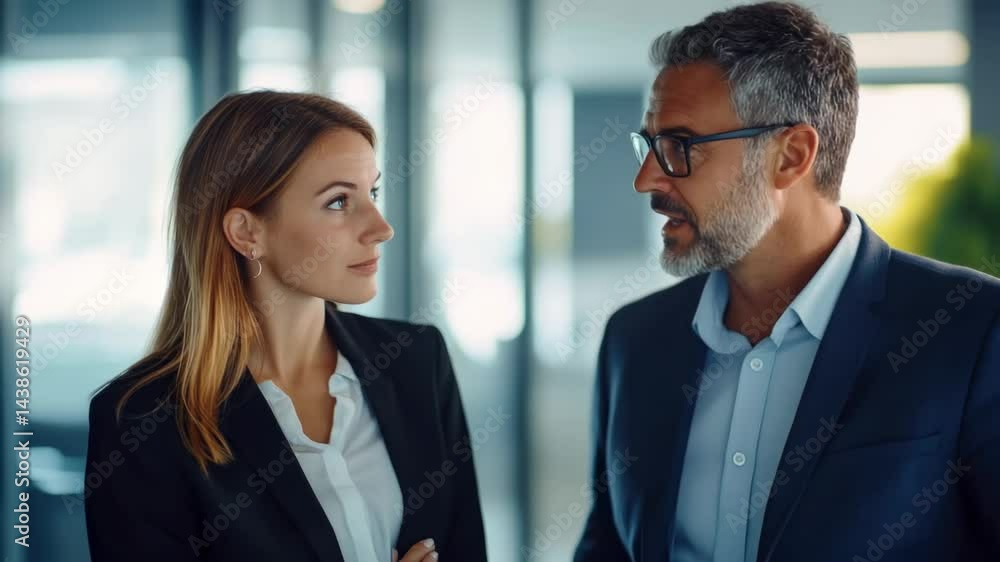 Two professionals in business attire discussing strategy.