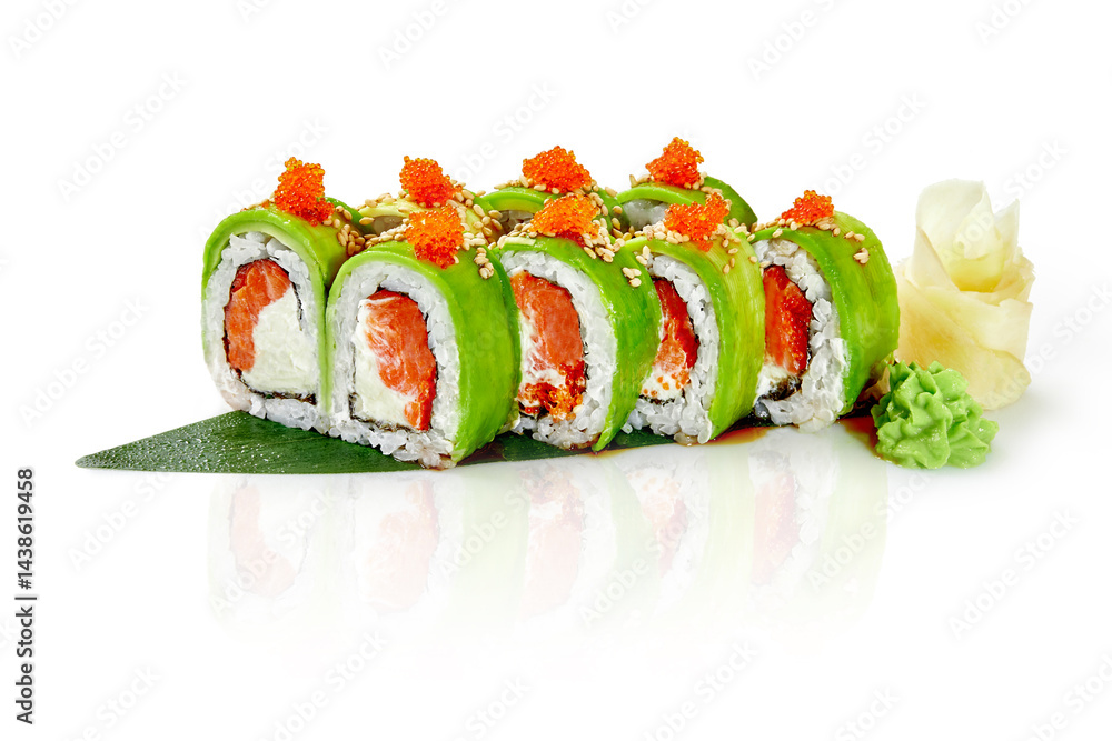 Green dragon sushi rolls with salmon, avocado, and tobiko on a white background