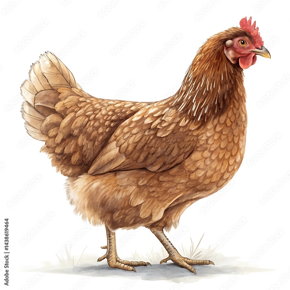 Fototapeta premium Full body brown chicken hen, realistic feathers, isolated on white background