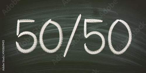 Chalkboard with the numbers 50/50 written in white chalk, suggesting a fifty-fifty chance or equal probability, ideal for presentations or educational content