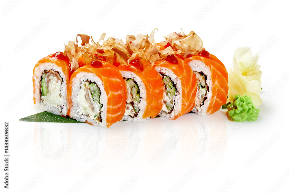 Philadelphia uramaki sushi rolls with salmon, cream cheese, cucumber and dried bonito flakes on white background