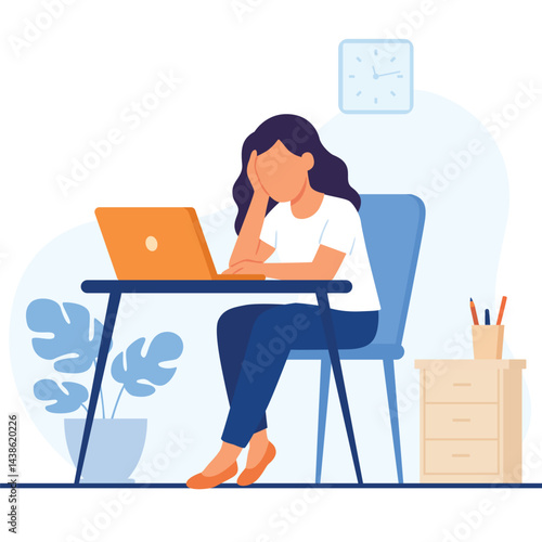 Tired Woman Working on Laptop at Home Office, Overworked Freelancer Illustration