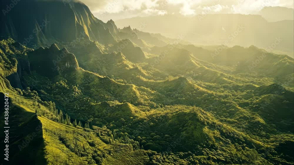 Explore the breathtaking aerial view of lush jungle mountain peaks in a mystical landscape at sunrise, Aerial view flying over jungle mountain peaks revealing tropical coastline, Na Pali coast Kauai Explore the breathtaking aerial view of lush jungle mountain peaks in a mystical landscape at sunrise, Aerial view flying over jungle mountain peaks revealing tropical coastline, Na Pali coast Kauai