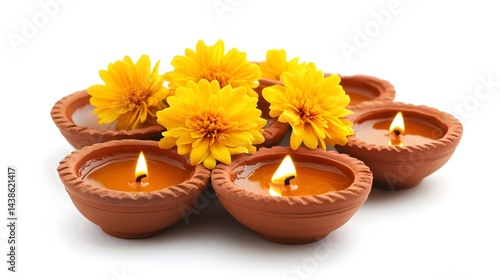 Traditional clay Diwali lamps lit during Diwali festival celebration at home