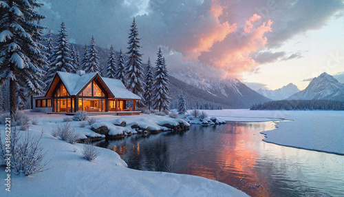 Cozy Scandinavian winter retreat by icy lake at sunset, serene escape