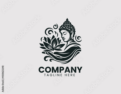 Serene Line Art Meditating Buddha Lotus Flower Stylish Hands Vector Logo Design