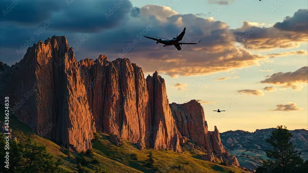 Drone soars near rocky mountains at sunrise capturing serene landscape and wildlife, Drone flying near rocky mountain at sunrise Drone soars near rocky mountains at sunrise capturing serene landscape and wildlife, Drone flying near rocky mountain at sunrise