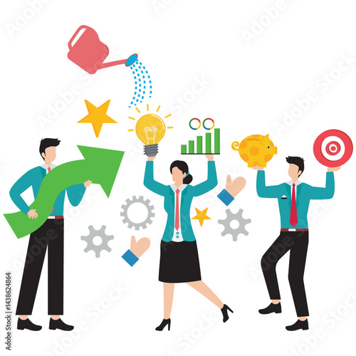 Flat illustration of colleagues planting seeds of ideas, symbolizing innovation and growth stock illustration