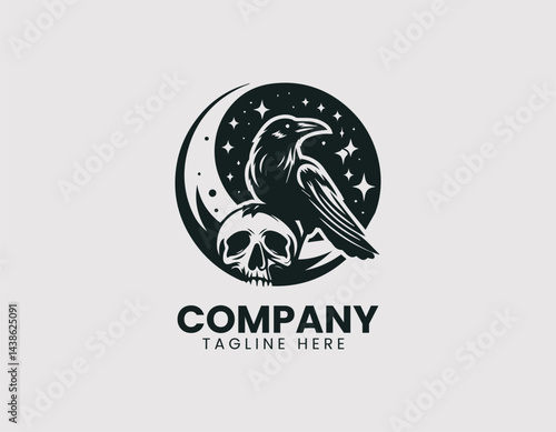 Raven Perched on Skull Crescent Moon Background Vector Logo Design