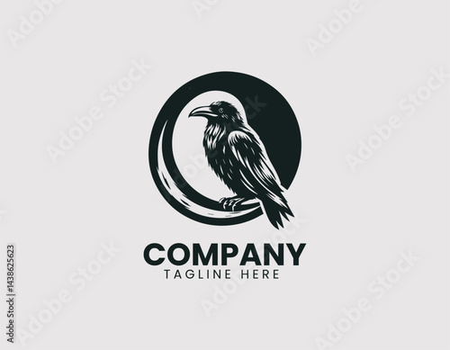 Raven on Skull with Crescent Moon Vector Logo