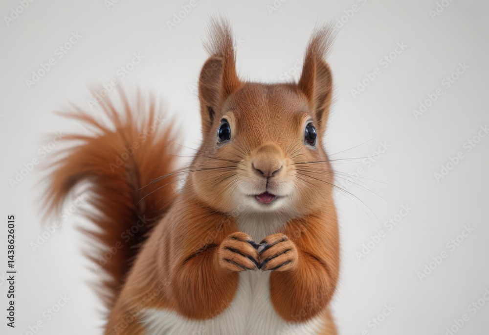 Fluffy red squirrel posing against pure white backdrop, sharp, bushy tail Fluffy red squirrel posing against pure white backdrop, sharp, bushy tail