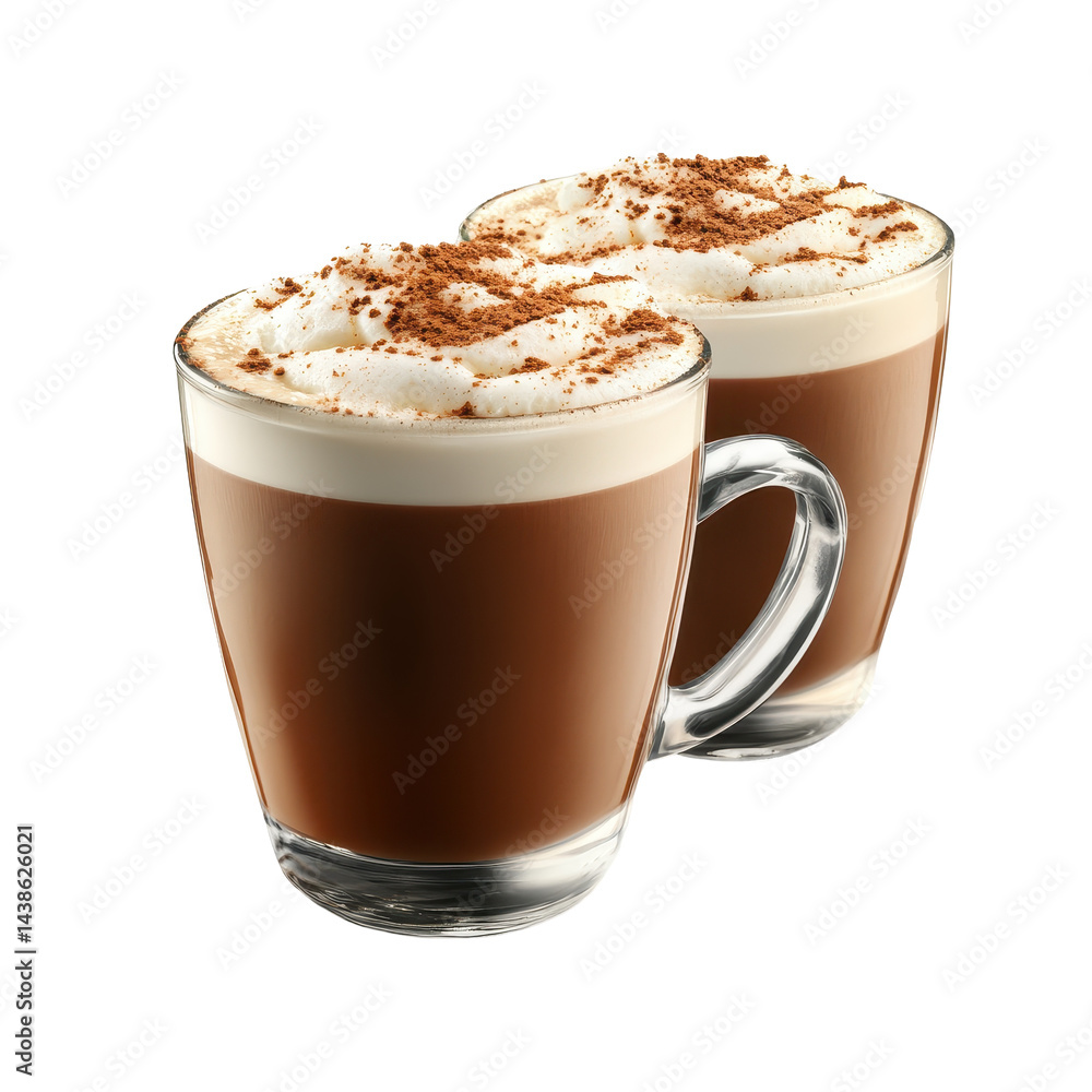 Two freshly made mocha coffees topped with whipped cream and cocoa powder served in clear glass mugs Two freshly made mocha coffees topped with whipped cream and cocoa powder served in clear glass mugs