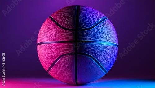 a neon basketball is on a dark background the ball is lit up in neon colors the background is purple