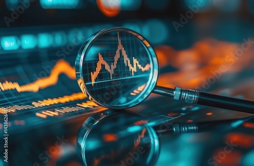 Financial market analysis using magnifying glass.  Detailed stock market charts under a magnifying glass, highlighting trends