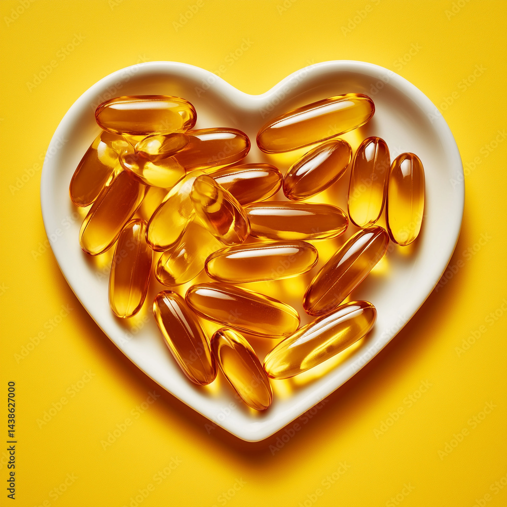 Omega 3 capsules in a heart-shaped plate on yellow background. Fish oil softgels. Supplement food vitamin D capsules. Omega 3 capsules in a heart-shaped plate on yellow background. Fish oil softgels. Supplement food vitamin D capsules.