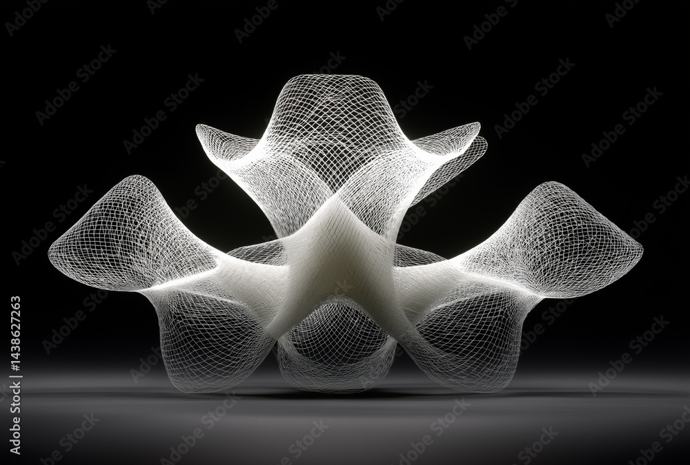 Intricate White 3D-Printed Mesh Structure on Black Background Intricate White 3D-Printed Mesh Structure on Black Background