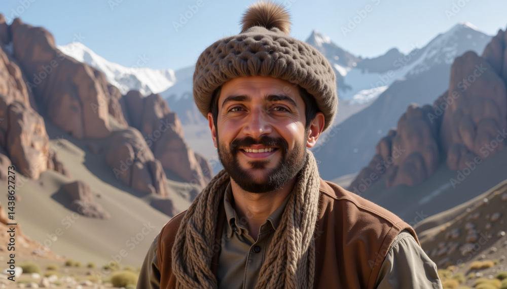 Smiling man in traditional hat standing in mountainous landscape with snow-capped peaks Smiling man in traditional hat standing in mountainous landscape with snow-capped peaks