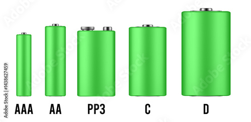 Neon green battery mockup. Set of different types of alkaline batteries. AAA, AA, PP3, C and D types. Realistic vector illustration