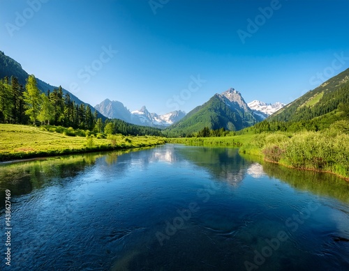 a serene landscape featuring a river reflecting majestic mountains and lush greenery under a clear blue sky
