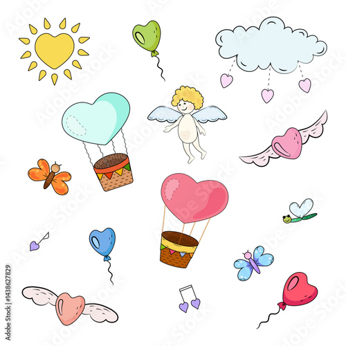 Love set. Cartoon illustrations with heart elements