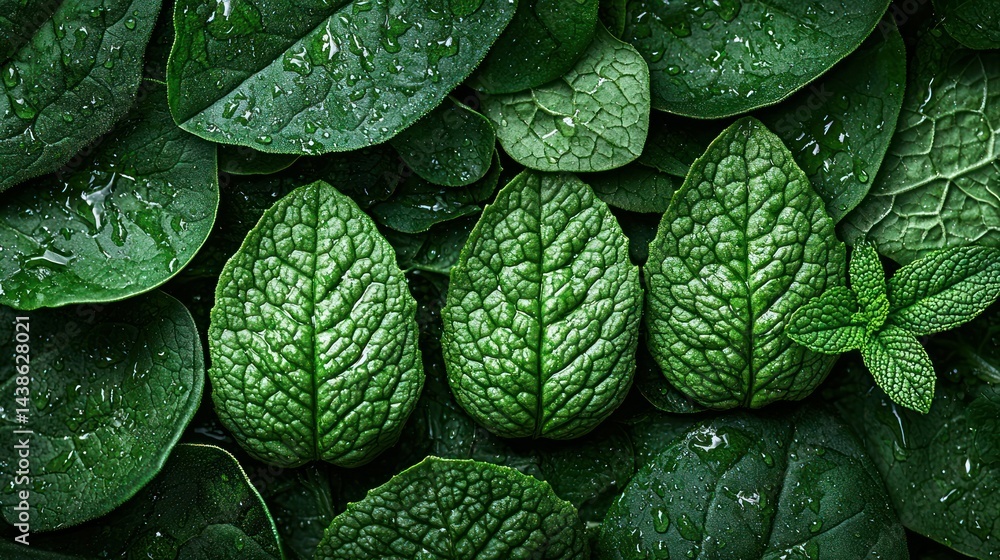 Fototapeta premium Leafy greens with water droplets, vibrant and fresh