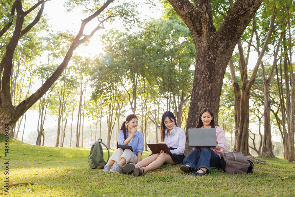 A group of female students sits under a tree in the park, laughing and chatting joyfully together. A group of female students sits under a tree in the park, laughing and chatting joyfully together.