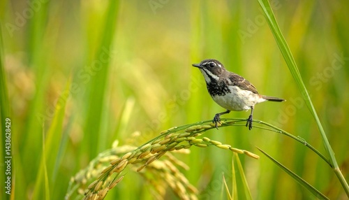 Close up bird hops on paddy, in the paddy field