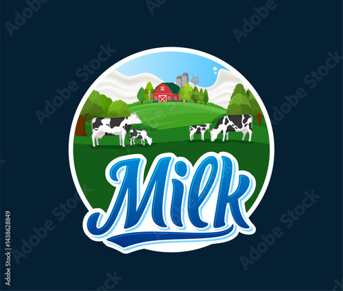 Vector milk colorful label with cows and calves grazing on the grass. Milk hand lettering for labels and packaging design
