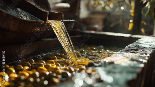 Cold-pressed olive oil flows from ancient olive mill in a sunlit grove