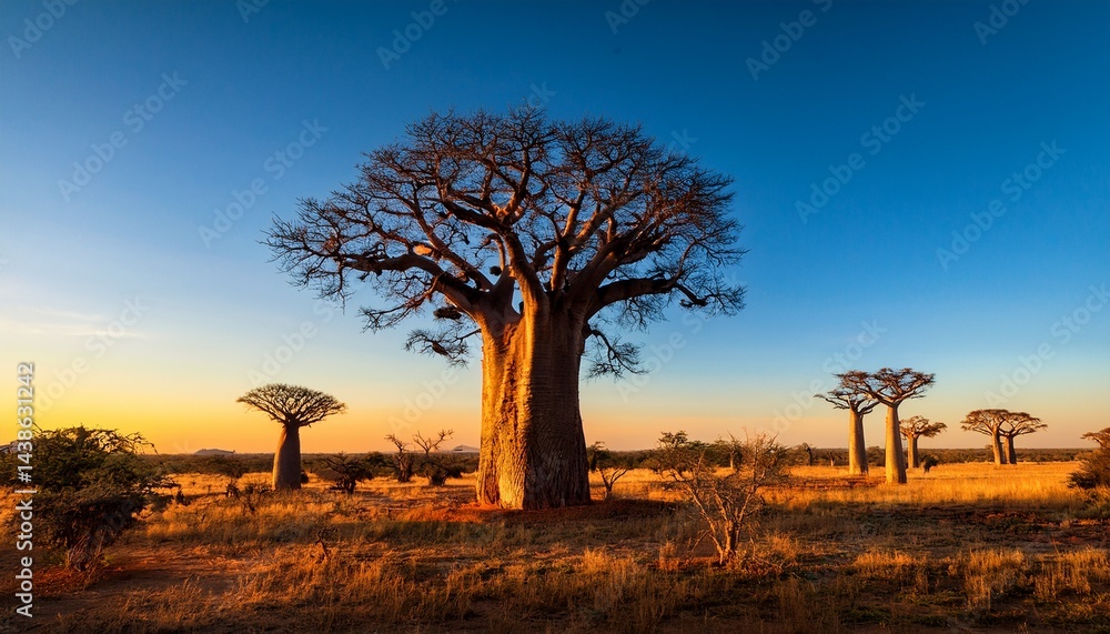 Obraz premium majestic baobabs soar into the sky spreading their mighty branches that resemble roots creating a striking silhouette against the endless landscape
