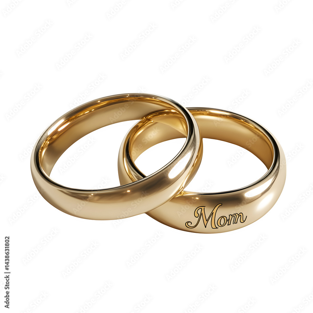 Lifelike close-up of two interlocked gold rings, one engraved with Lifelike close-up of two interlocked gold rings, one engraved with