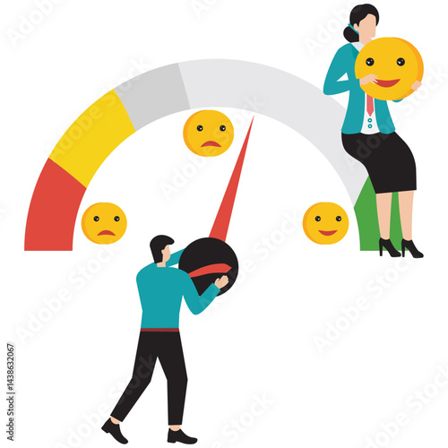 Flat illustration of two business people analyzing customer feedback brand reputation with emojis on rating gauge stock illustration