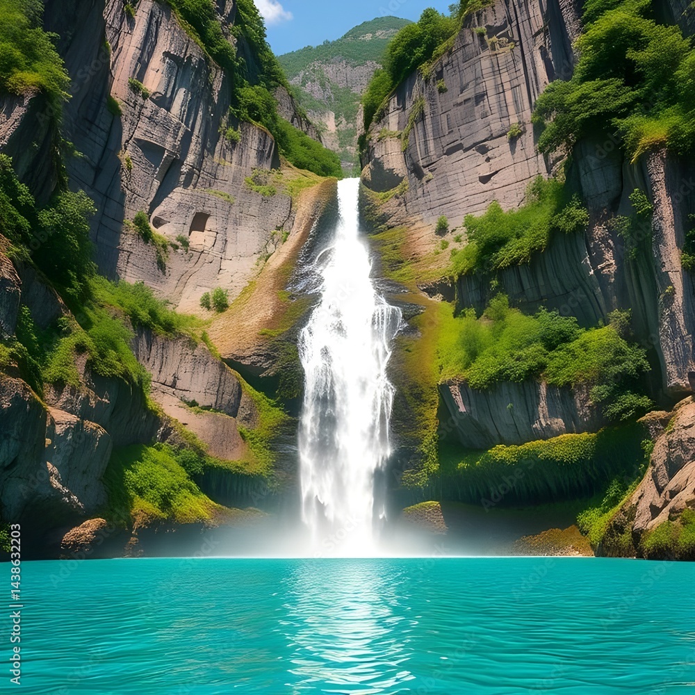 Fototapeta premium Towering cliffs surround a breathtaking waterfall plunging into a crystal-clear lake.