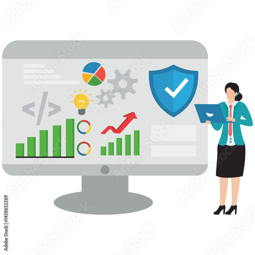 Flat illustration of woman developing secure software with security shield and programming code stock illustration