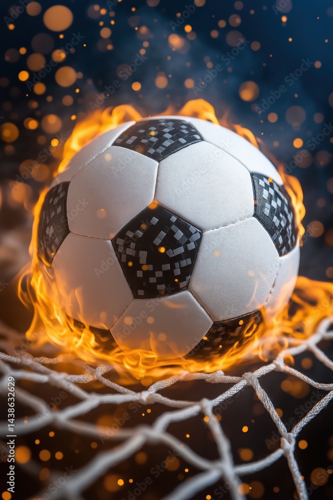 Fototapeta premium Exploding soccer ball ignites goal as flames rise, capturing a thrilling moment in sports action