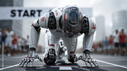 Futuristic humanoid robot at starting line in marathon race amidst blurred cityscape