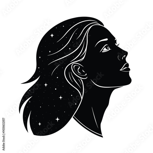 Silhouette of woman with starry hair gazing upward in vector illustration