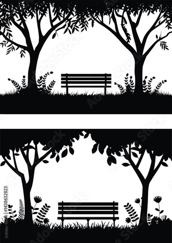 Park Bench Silhouettes Under Trees Nature Outdoor Peaceful Scene Art.

