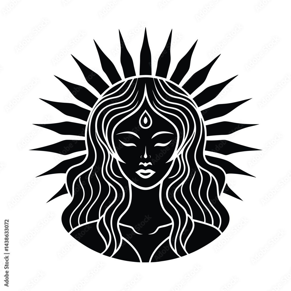Mystical woman silhouette with third eye and sun rays black and white minimalist spiritual design Mystical woman silhouette with third eye and sun rays black and white minimalist spiritual design