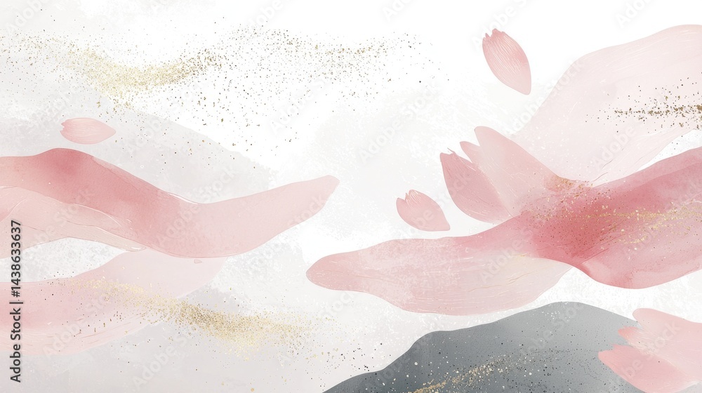 Fototapeta premium This artwork showcases an elegant combination of soft pink and gray hues with flowing brush strokes. The gentle peaks and scattered gold hints evoke a serene atmosphere