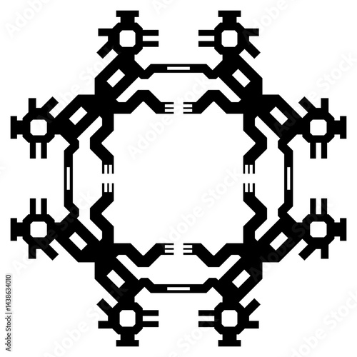 Geometrical frame with fantastic creatures. Ethnic Native American design from ancient Peru. Chimu culture. Black and white silhouette.