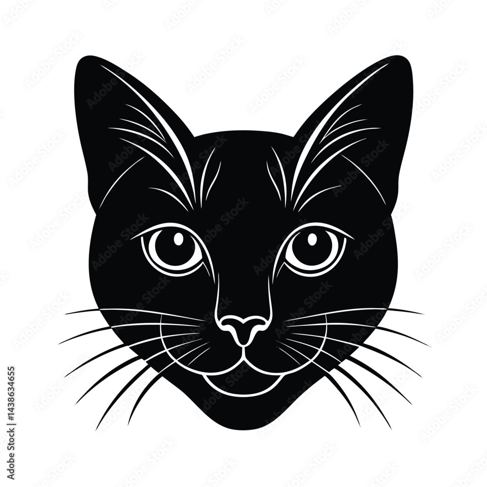 Black Cat Head Silhouette, Elegant Pet Portrait, Feline Design Black Cat Head Silhouette, Elegant Pet Portrait, Feline Design