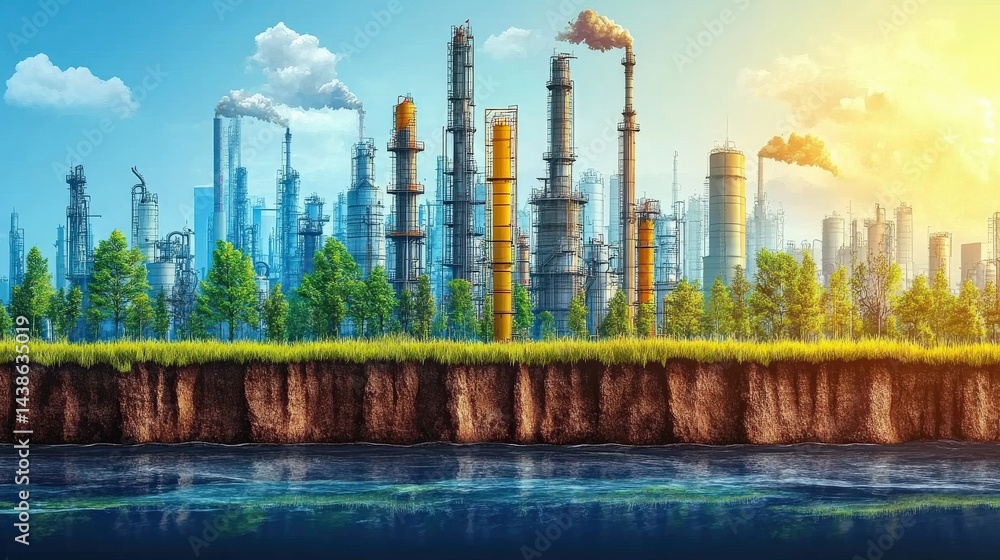 Obraz premium Industrial landscape with smokestacks and greenery beside a reflective water body at sunset
