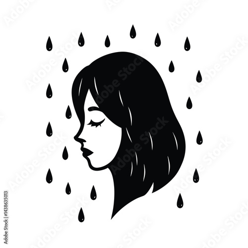 Monochrome illustration of a woman in the rain minimalist female profile surrounded by raindrops expressing solitude and reflection