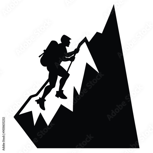 Silhouette Of Man Climbing A Sharp Rocky Mountain