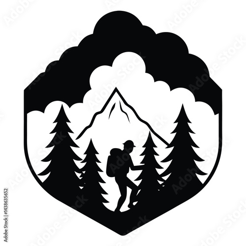 Mountain Climber Framed By Trees And Drifting Clouds